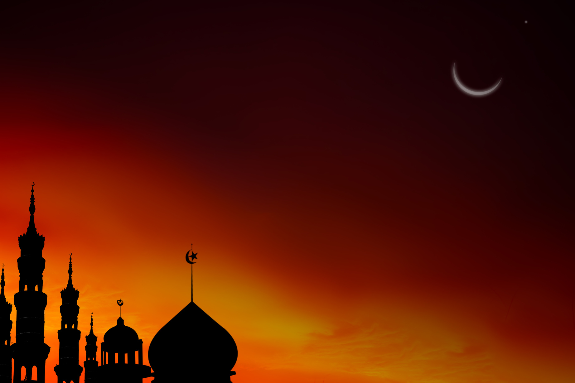 Mosques Dome on Dark Night with Crescent Moon on Black Background. New Year Muharram, Eid Al-Fitr, Eid Al-Adha. Religion Symbol Islamic Ramadan.